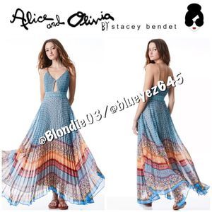 Alice + Olivia “Gloria” chain strap pleated maxi dress 6 NWT